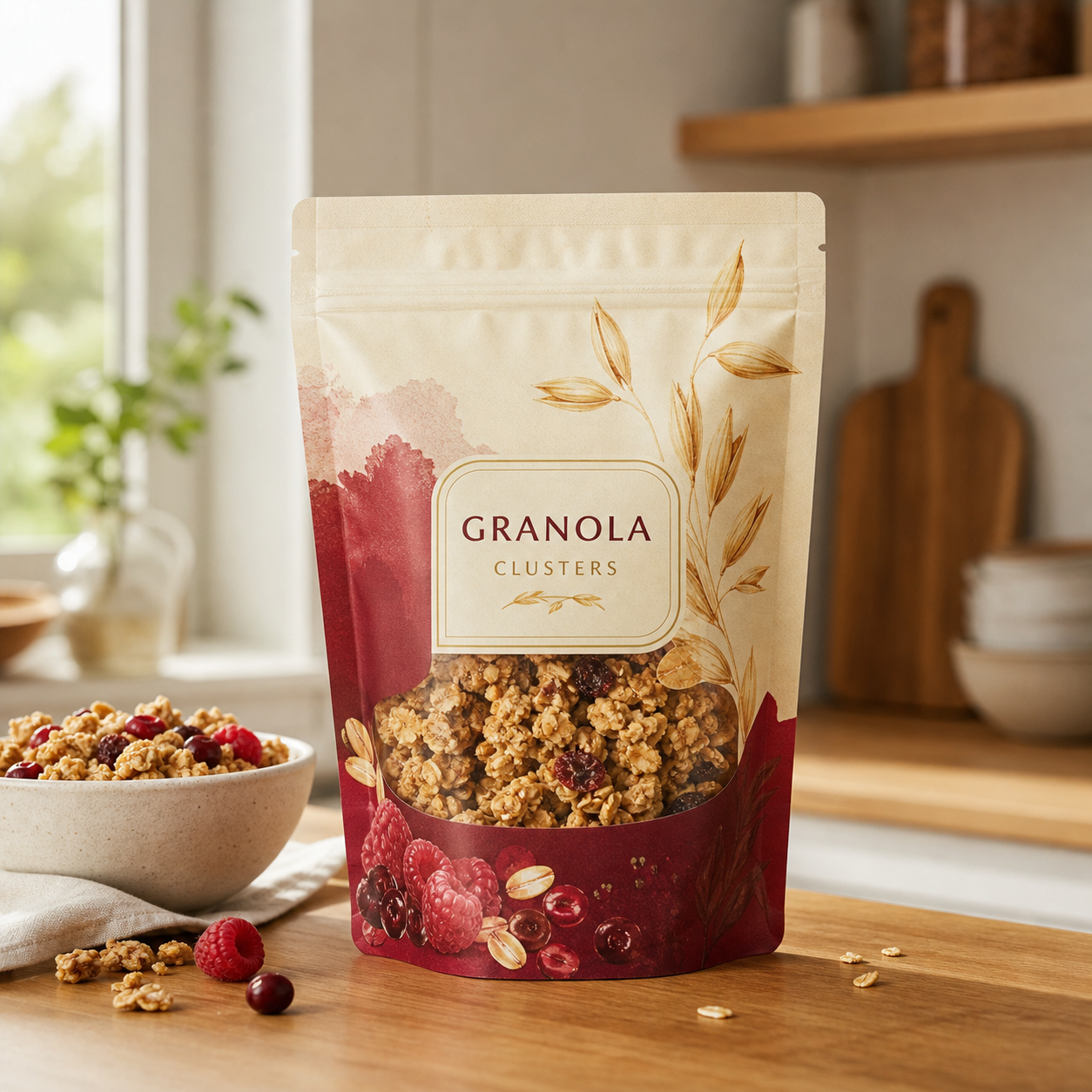 Granola cluster snack stand-up pouch with resealable zipper for low-MOQ custom packaging