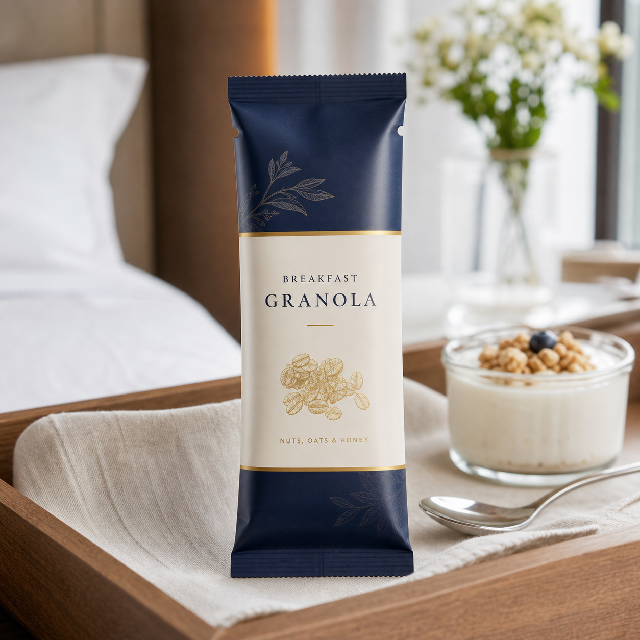 Single-serve granola breakfast sachet for hotel and cafe packaging
