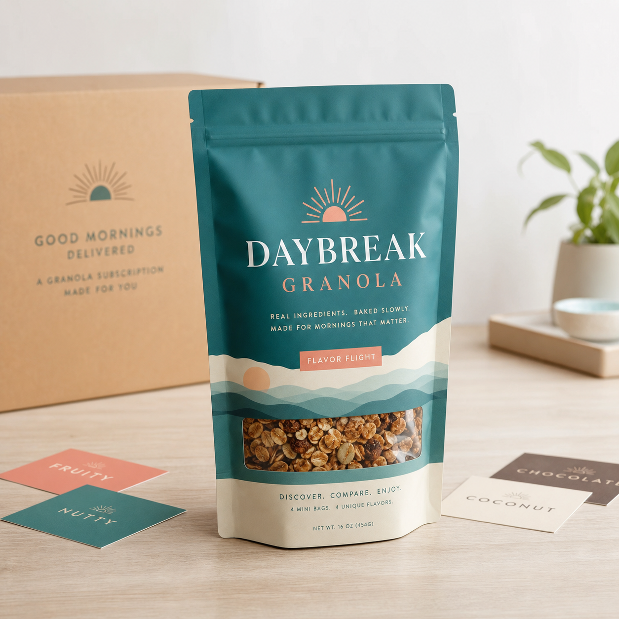 Granola subscription flavor-flight flat-bottom pouch for multi-SKU custom packaging