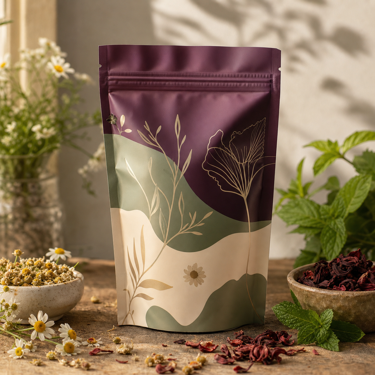 Custom herbal tea multi-SKU resealable stand-up pouch