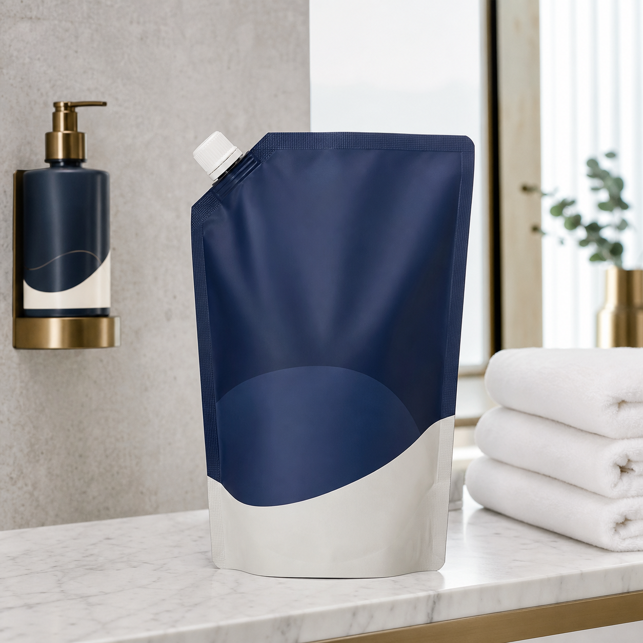 Hotel amenity shampoo refill pouch for hospitality dispenser programs