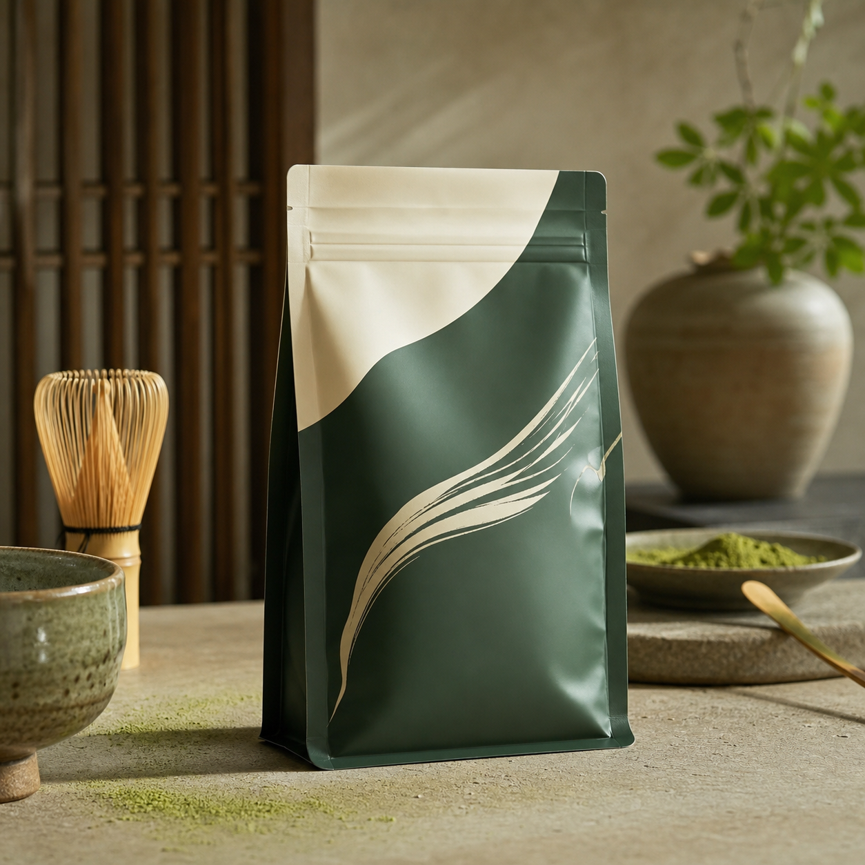 Custom high-barrier flat-bottom pouch for ceremonial matcha powder