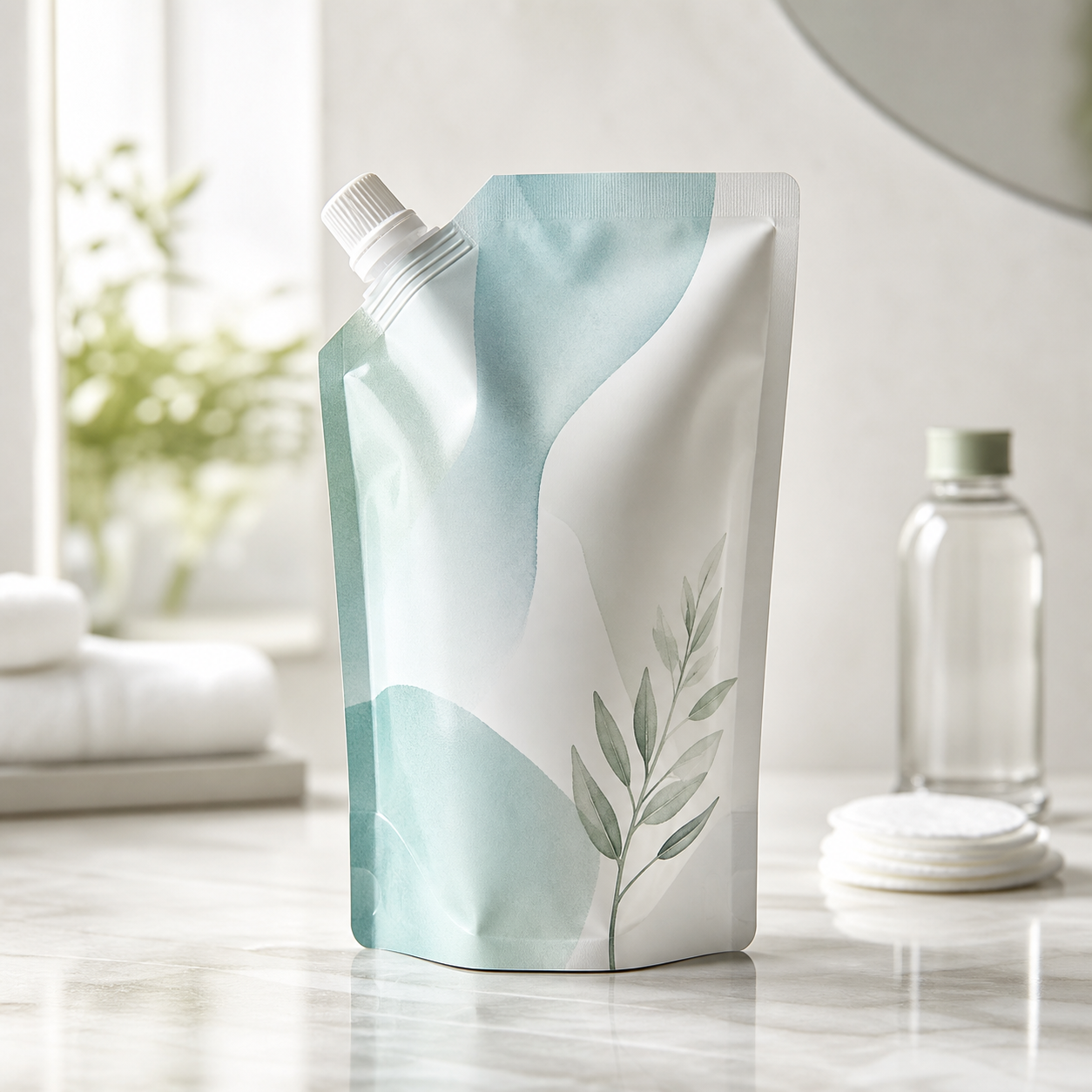 Micellar water skincare refill spout pouch for travel-to-full-size beauty packaging