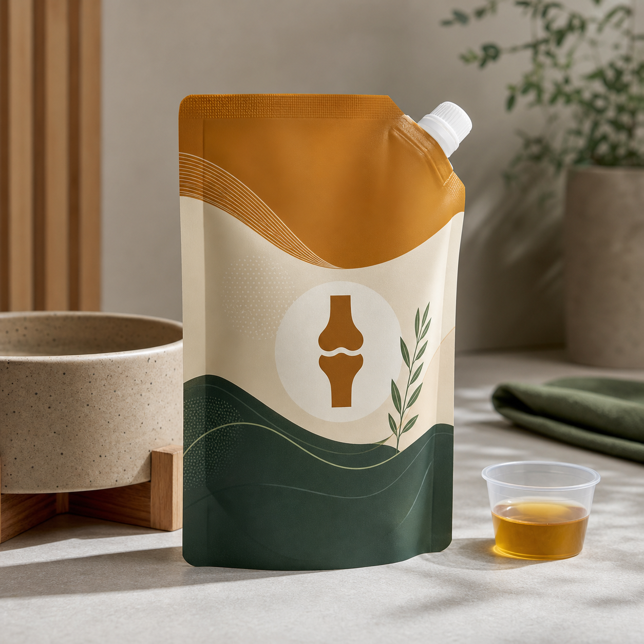 Pet supplement joint oil spout pouch for controlled dispensing