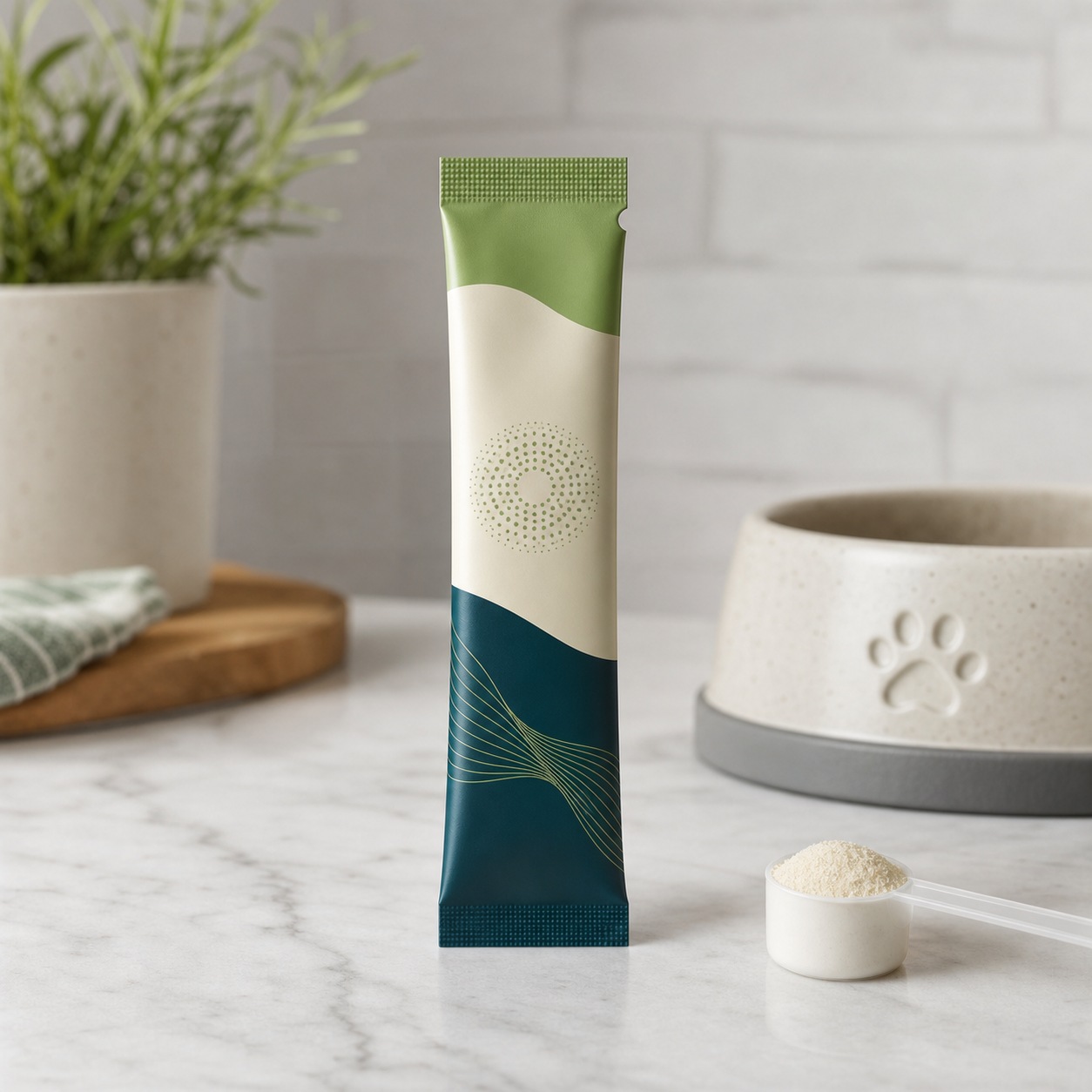 Pet supplement probiotic stick pack for single-serve trials