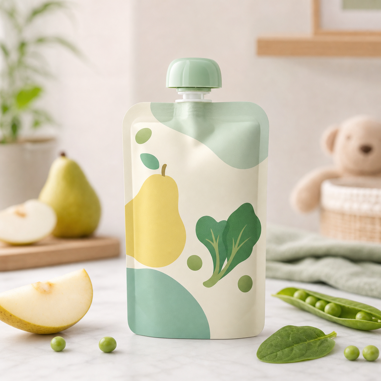 Plant-based pea pear and spinach baby puree spout pouch