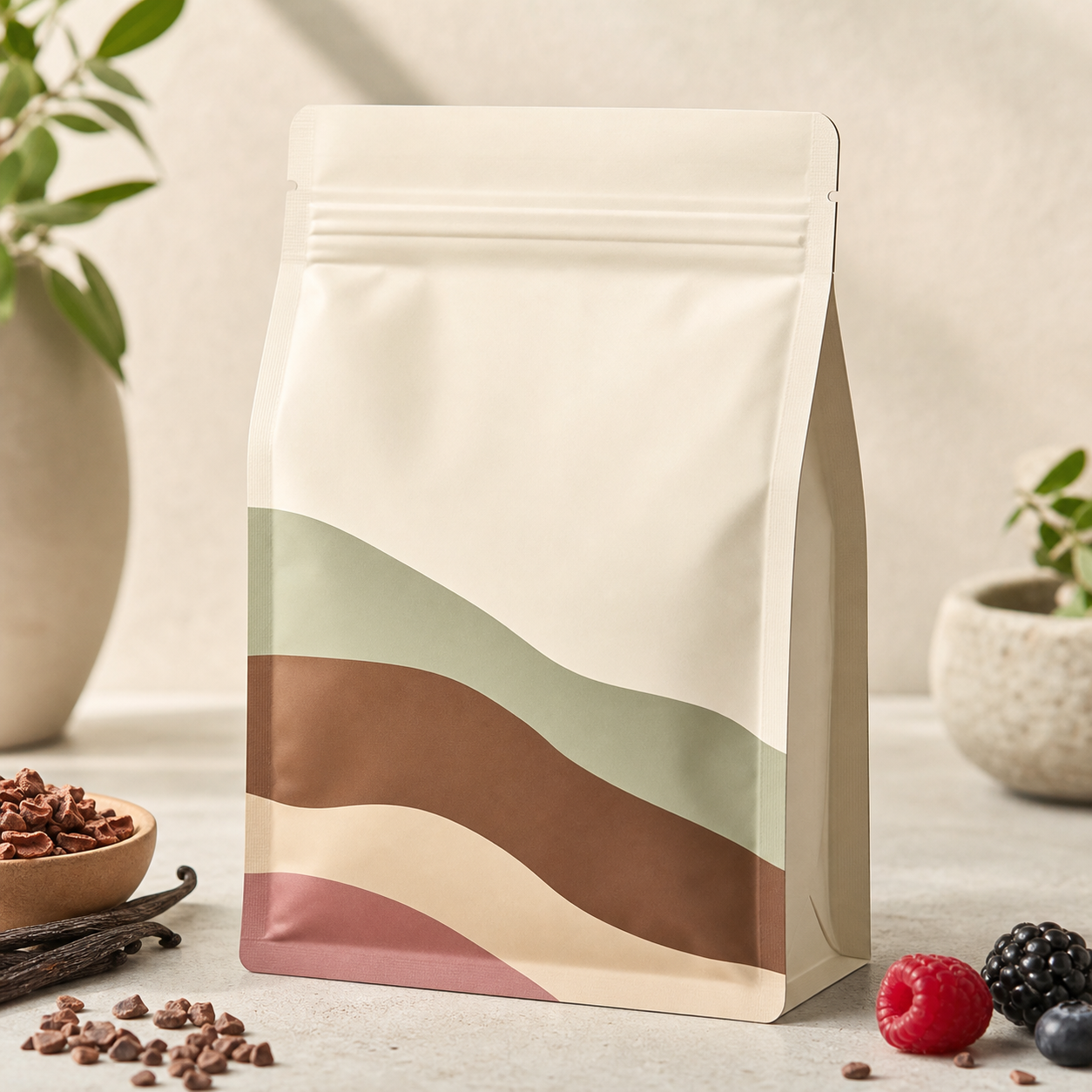 Custom plant protein flavor-flight flat-bottom pouch for multi-SKU launches