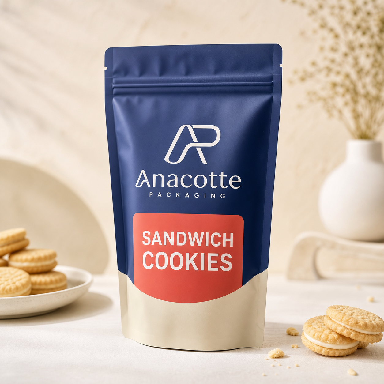 Custom sandwich cookie stand up pouch by Anacotte Packaging
