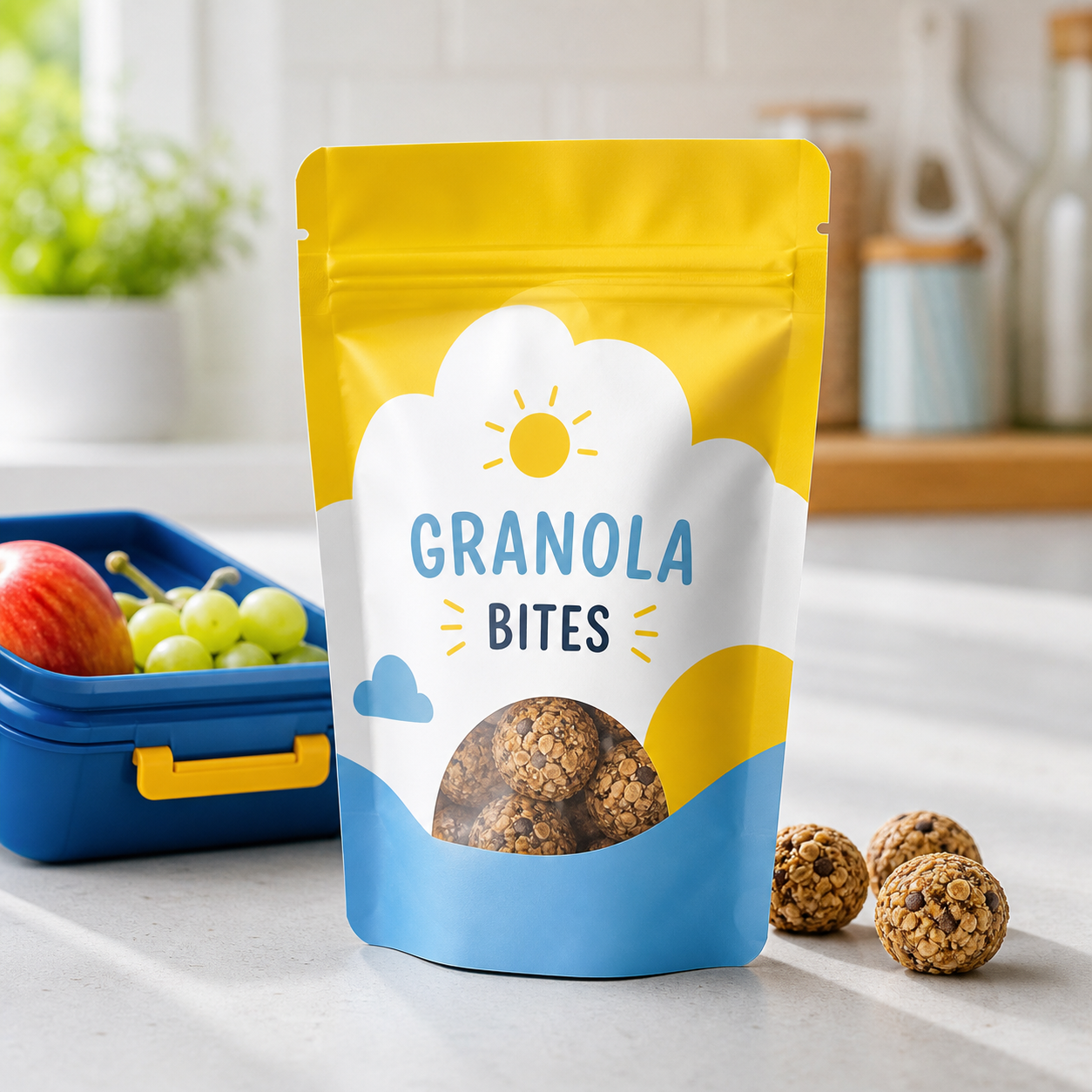 School-snack granola bites pouch for lunchbox trial packaging