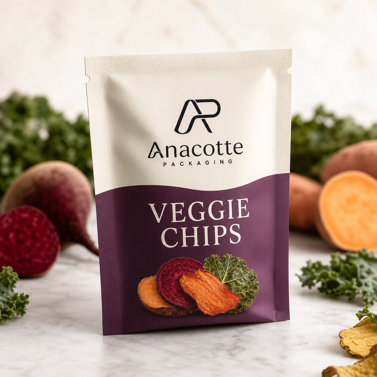 Custom veggie chips sample flat pouch by Anacotte Packaging