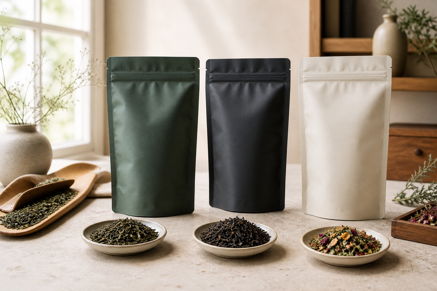 Unbranded loose-leaf tea pouches with green, black and herbal tea samples on a clean packing table