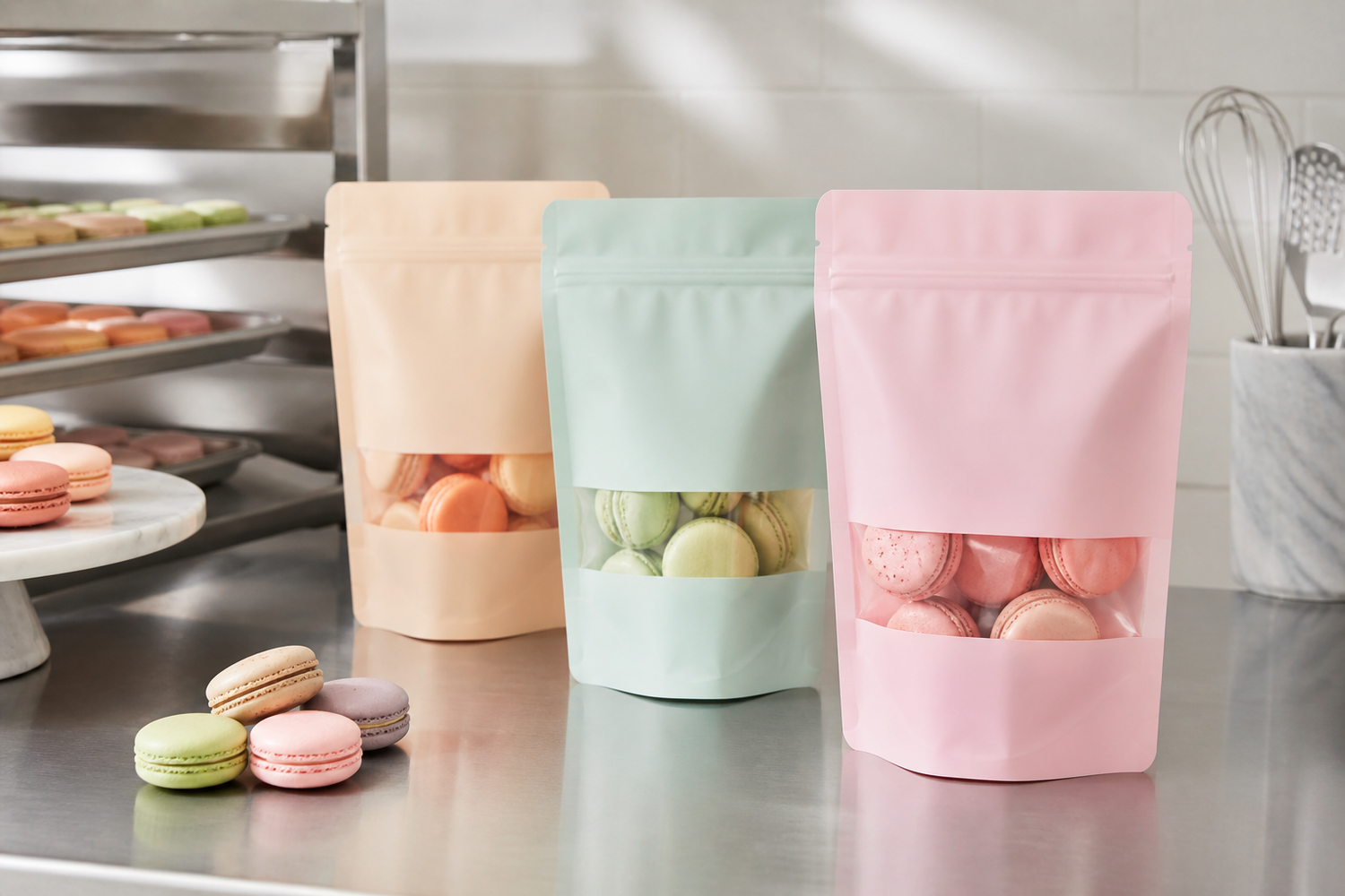 Unbranded pastel macaron pouches and representative macarons on a clean bakery packing table