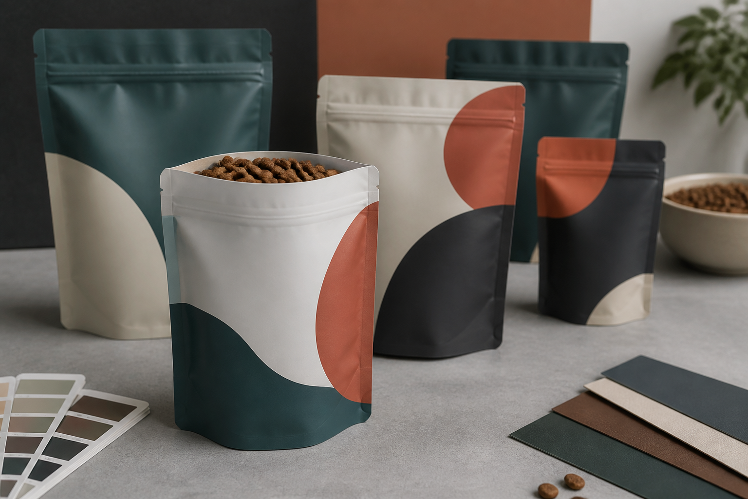 Unbranded dry pet food stand-up pouches arranged for a lot-code and opened-pack review