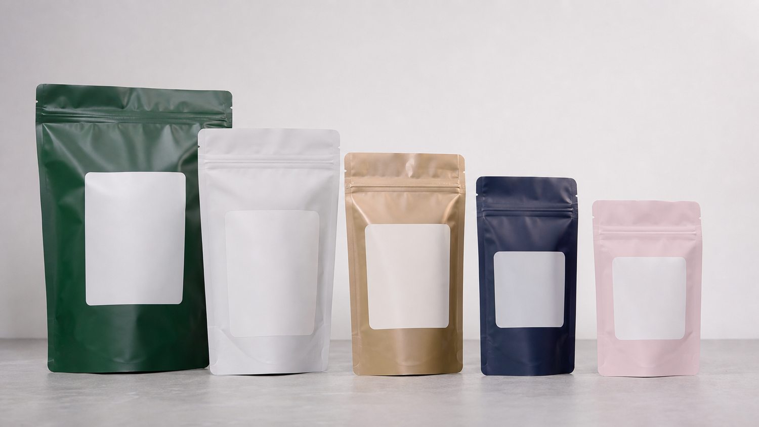 Coordinated multi-SKU Mylar pouch family with blank variable label zones