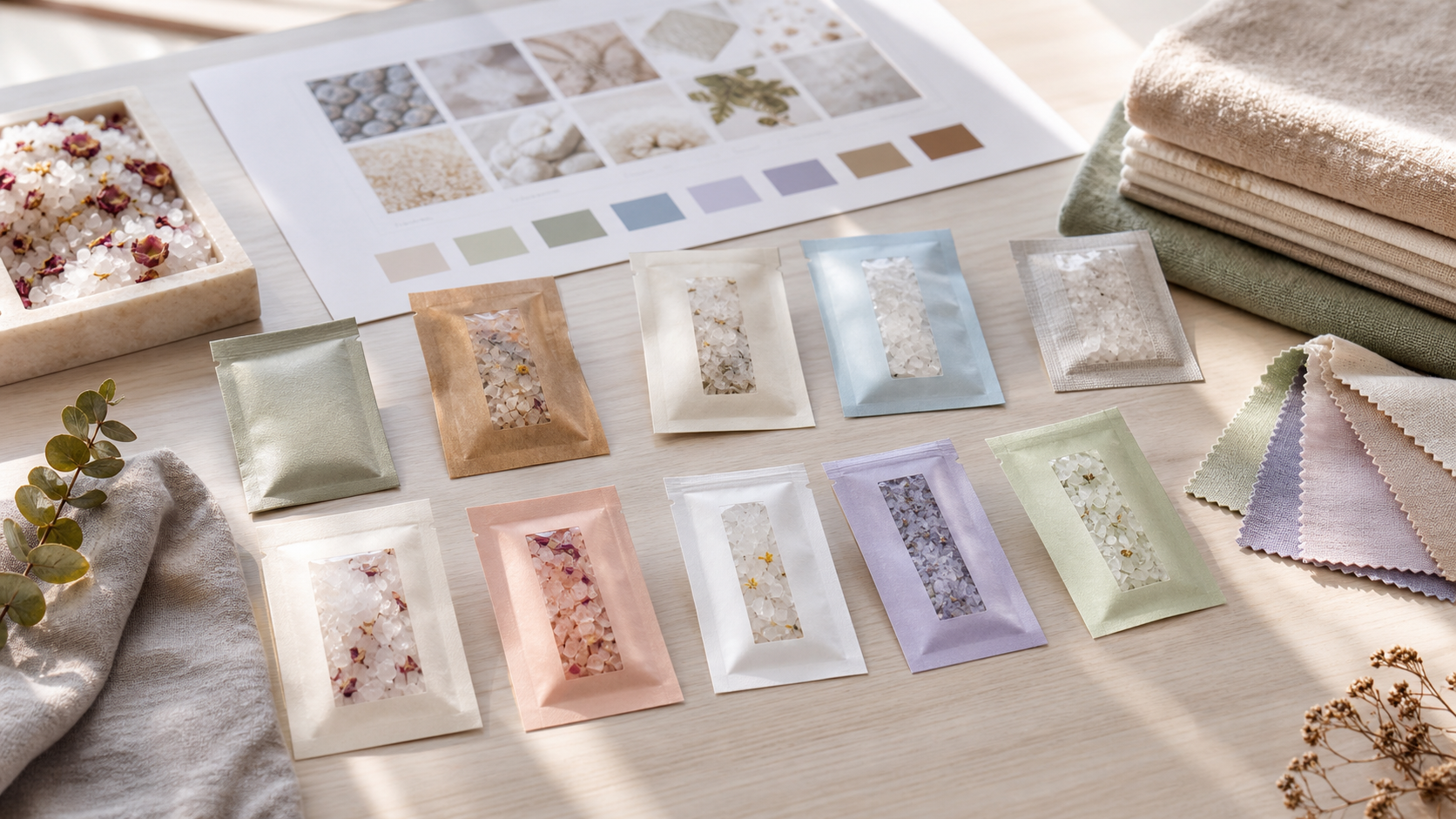 Bath salt sample sachets for spa retail and seasonal trials