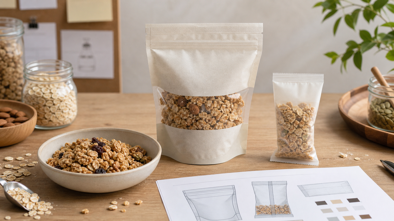 Granola packaging formats for clusters blends and single-serve products