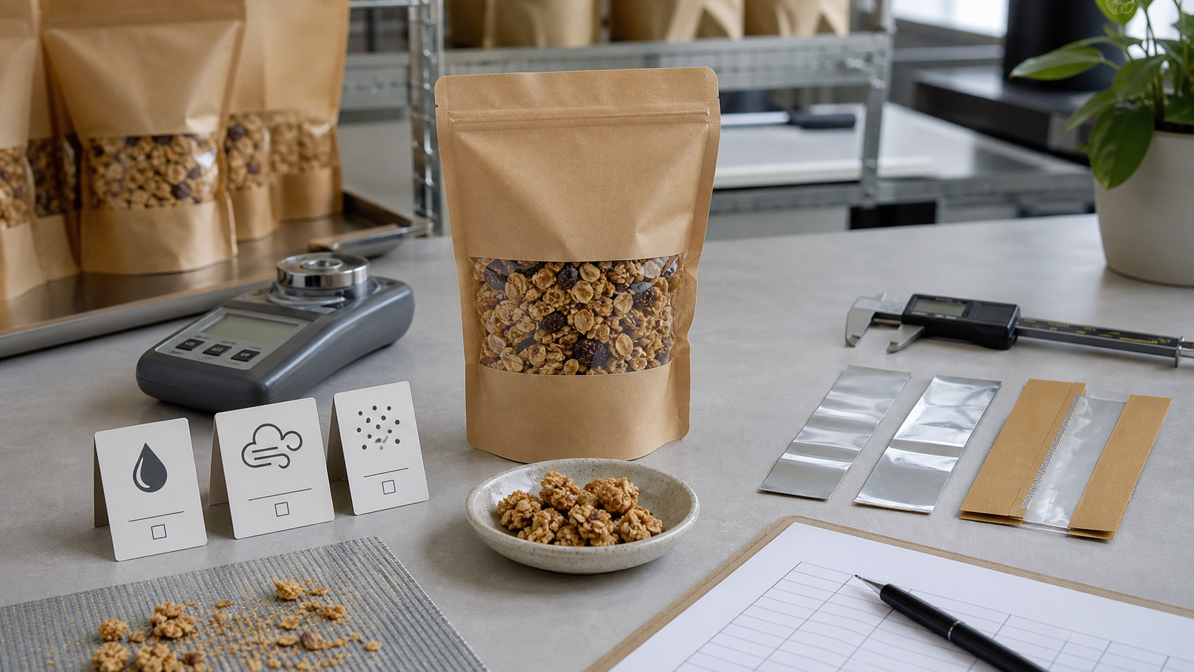 Granola pouch moisture oxygen and crumb-control test plan
