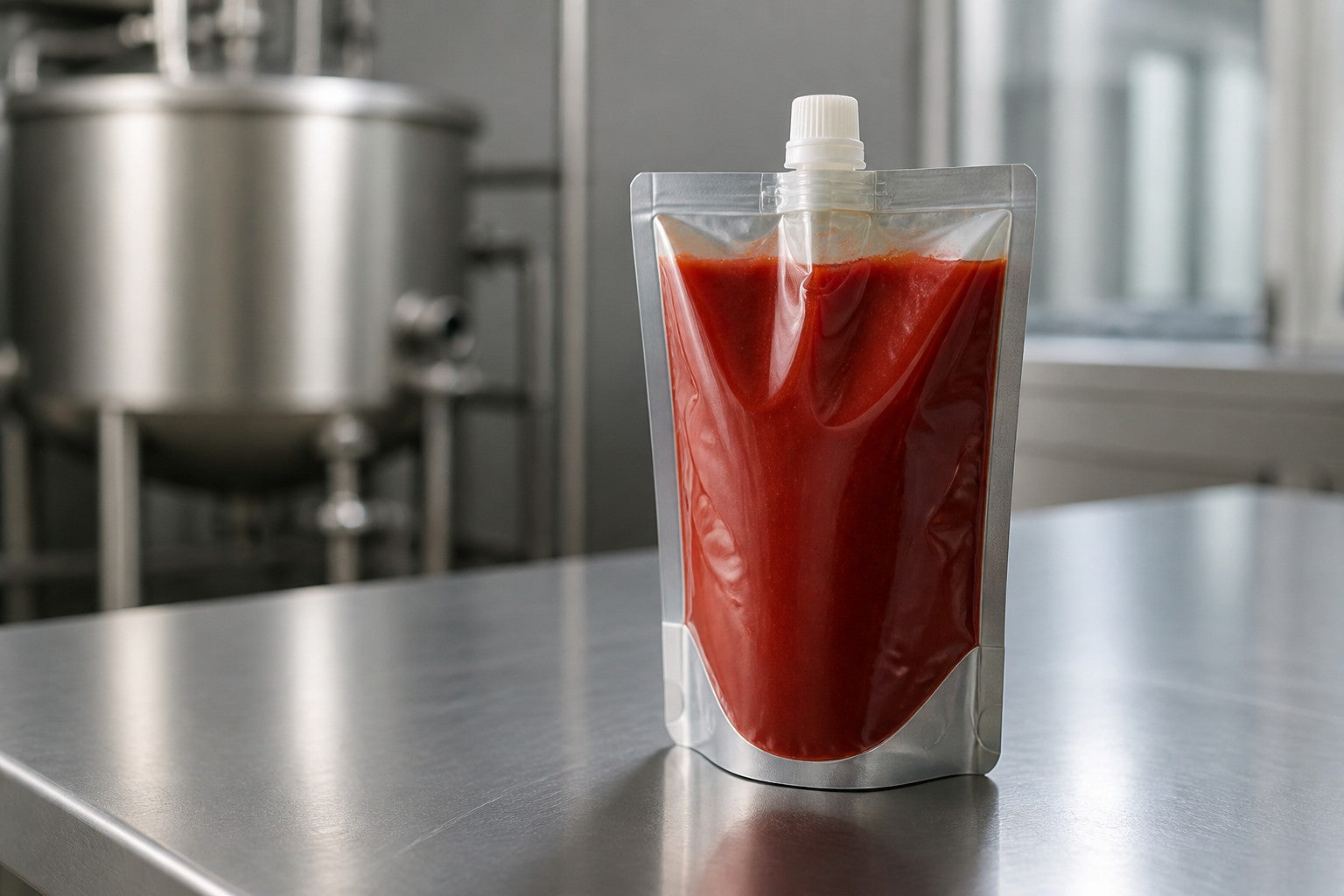 Unbranded stand-up hot-fill spout pouch with liquid food in a clean pilot packaging room