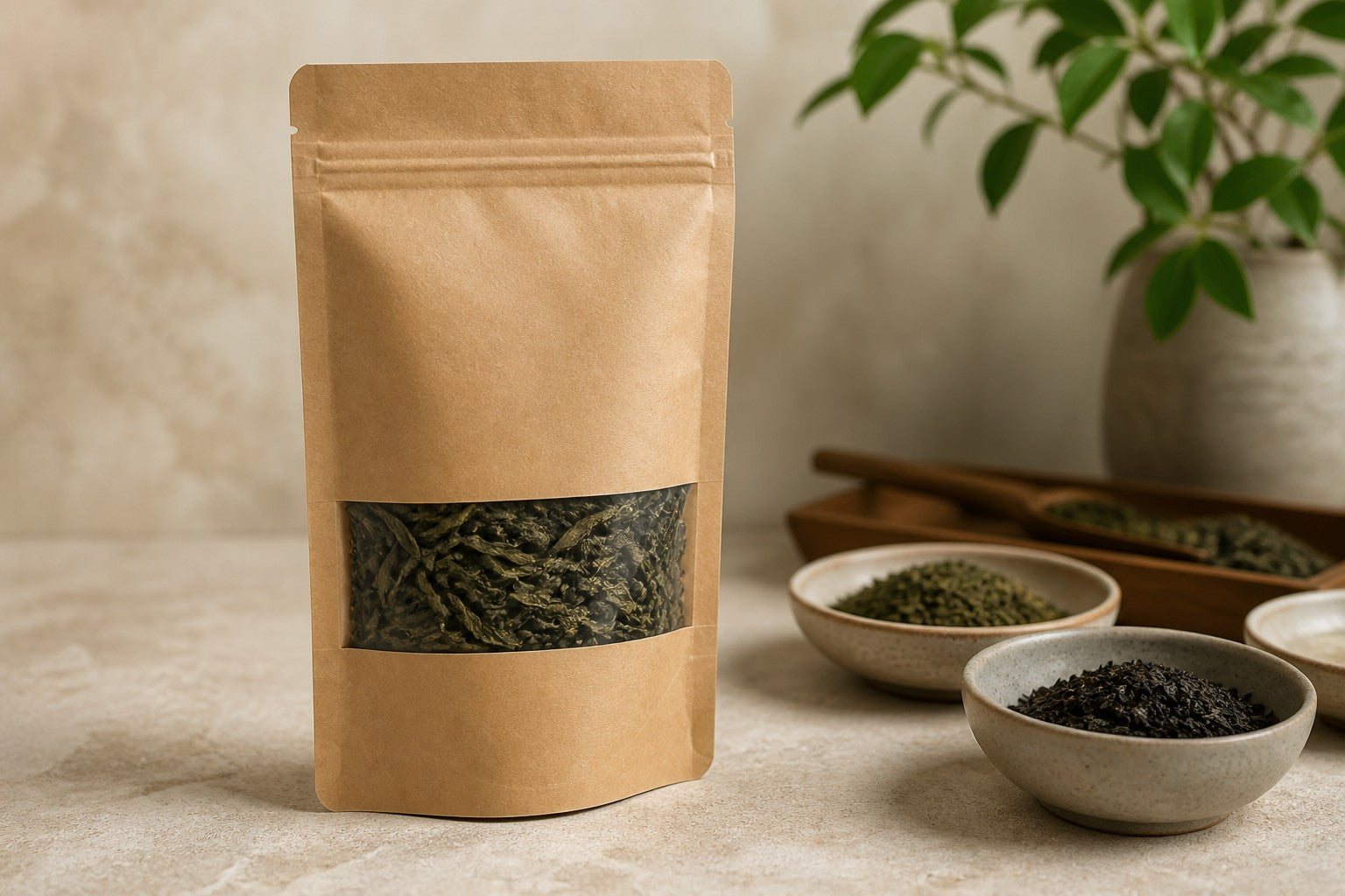 Unbranded kraft-look stand-up tea pouch with a clear window showing loose-leaf tea