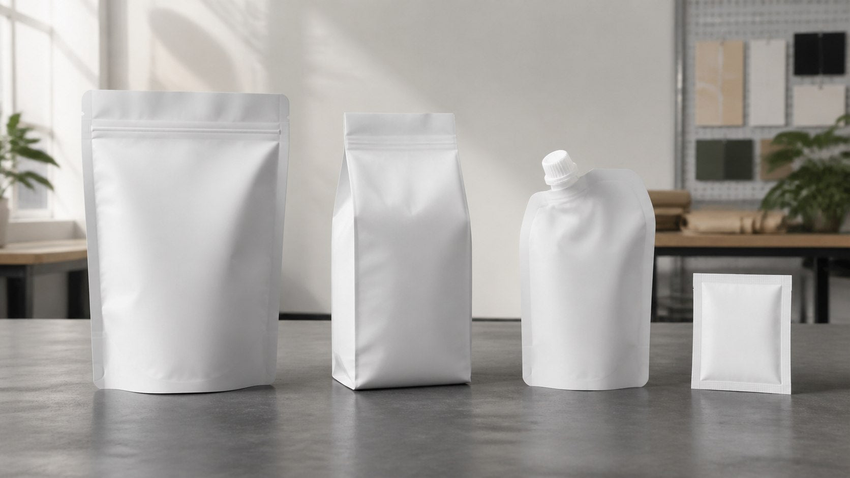 Unbranded fertilizer pouch format family showing dry powder, granules, liquid spout, and trial sachet geometries