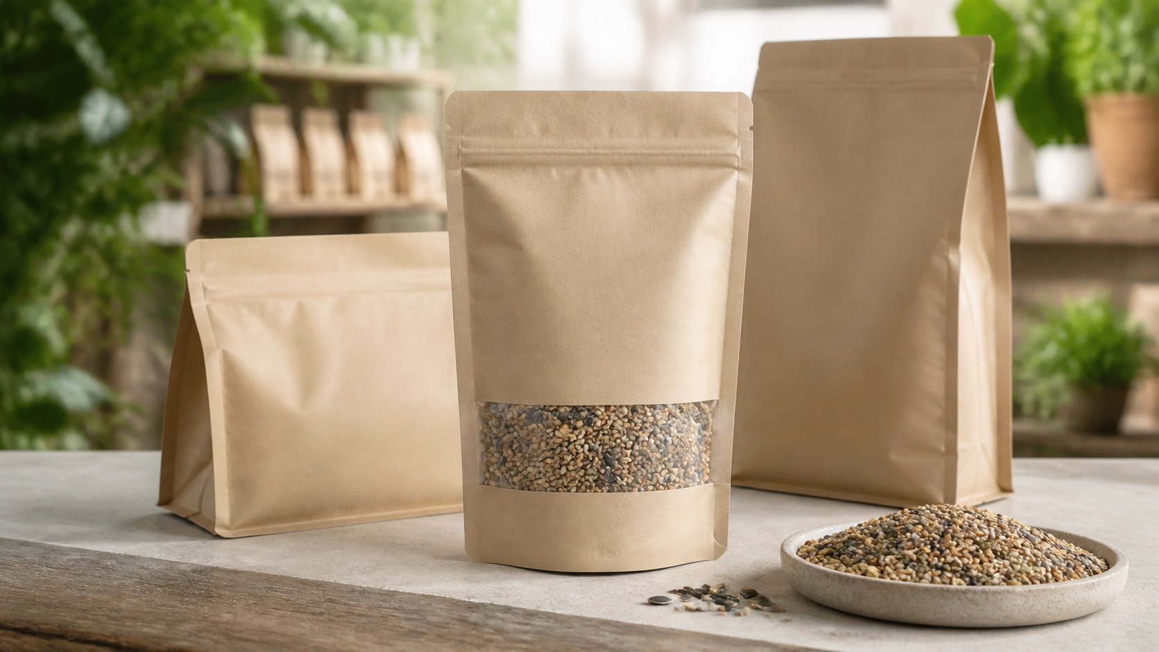 Unbranded bird seed pouch format family showing resealable stand-up, flat-bottom, and larger-fill bag geometries