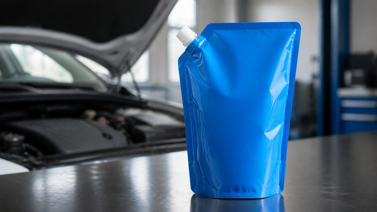 Blue stand-up spout pouch in an automotive service bay