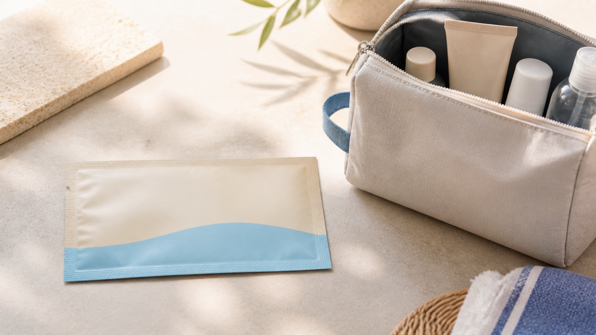 Unbranded flat sunscreen sachet beside a travel toiletry kit