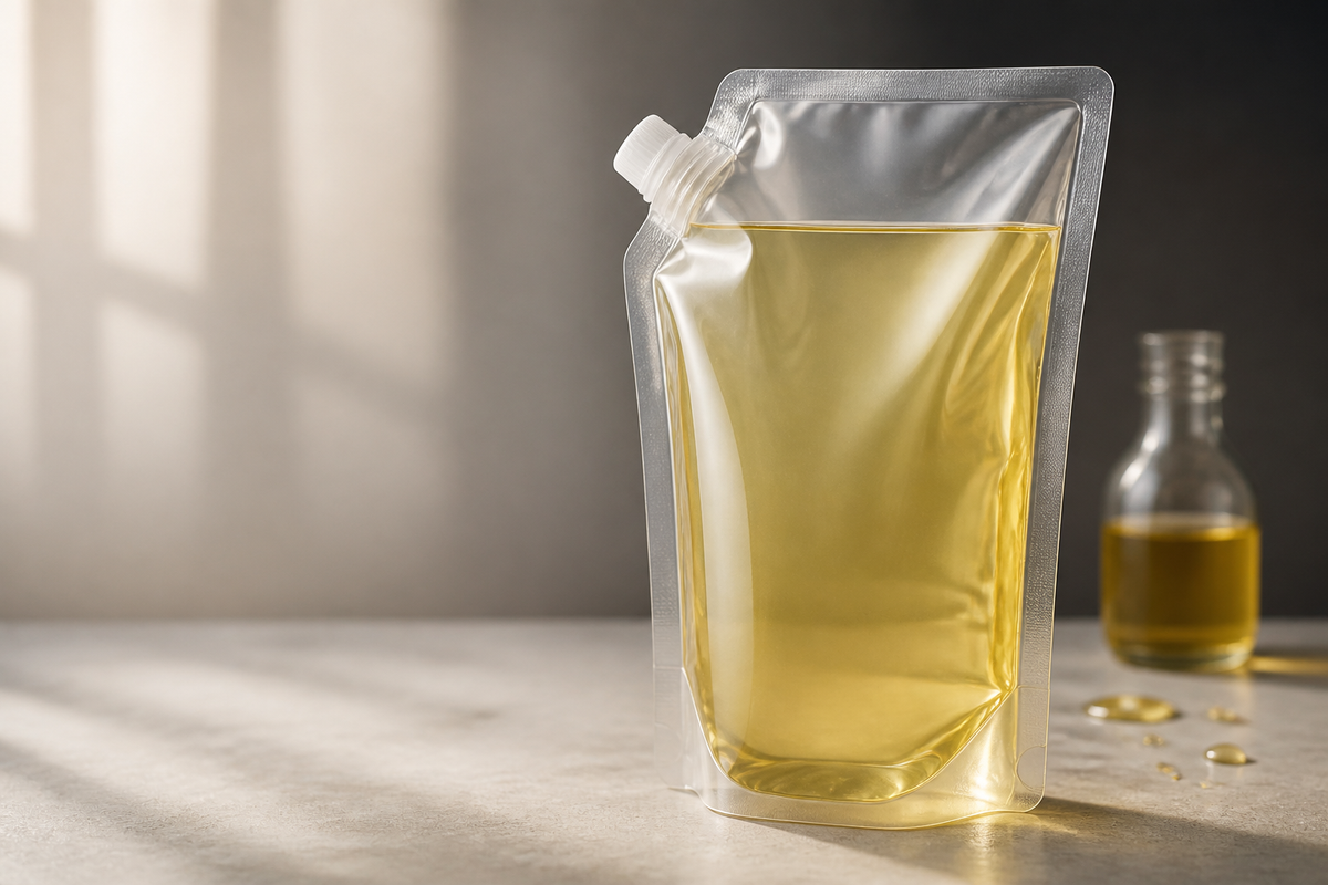 Unbranded cooking oil stand-up spout pouch with a bottom gusset on a neutral studio table