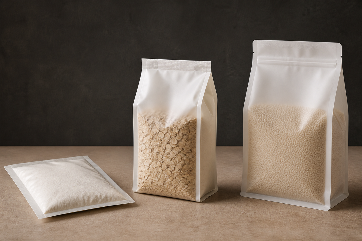 Unbranded dry-goods pouch family showing flat sachet, quad-seal side gusset, and flat-bottom geometry