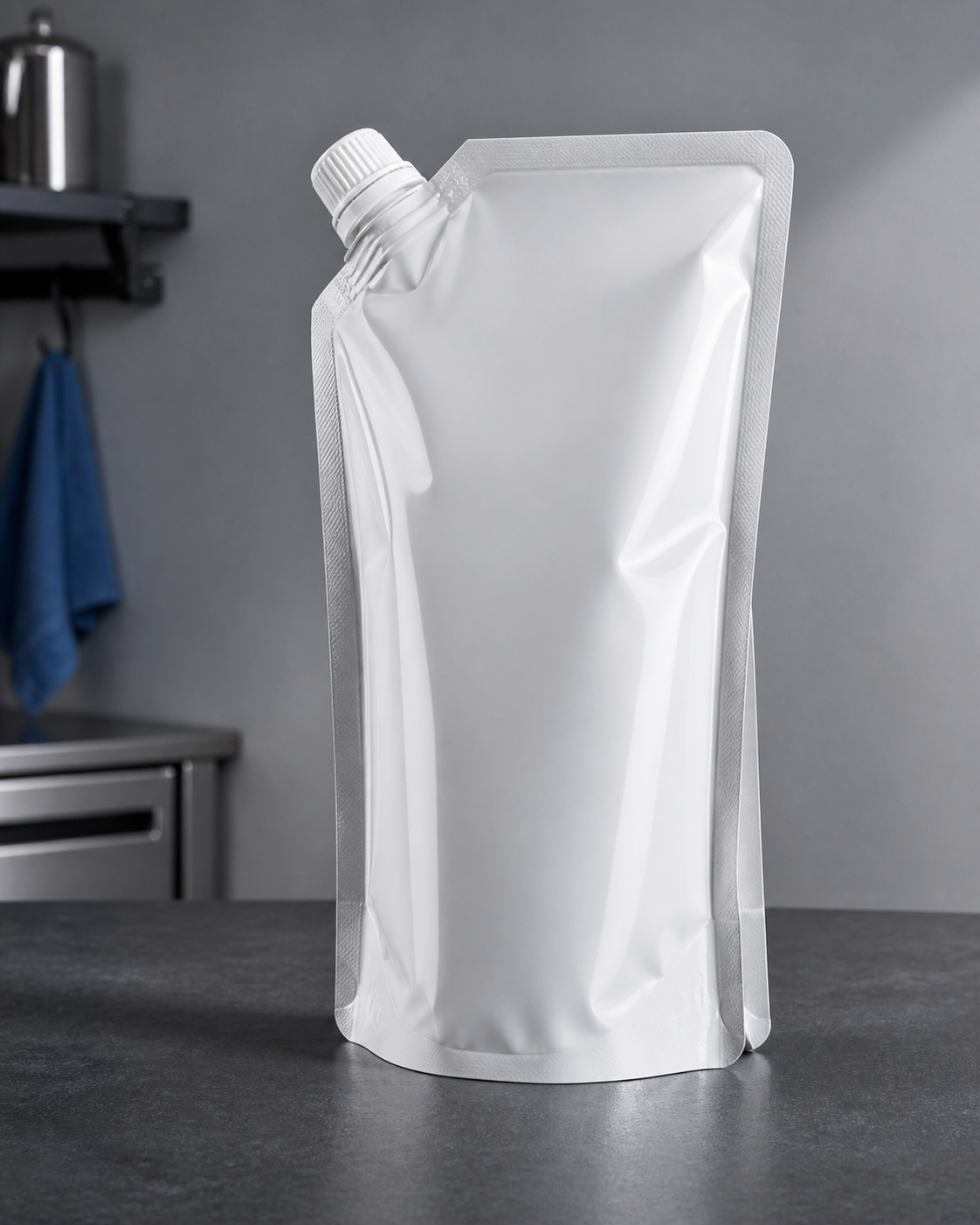 Unbranded stand-up cleaning-liquid refill pouch with a bottom gusset and spout