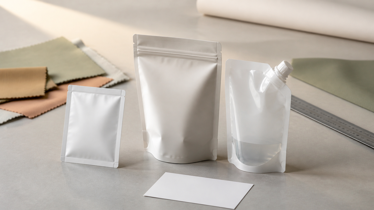 Three unbranded cosmetic pouch formats arranged for a low-MOQ packaging sample review