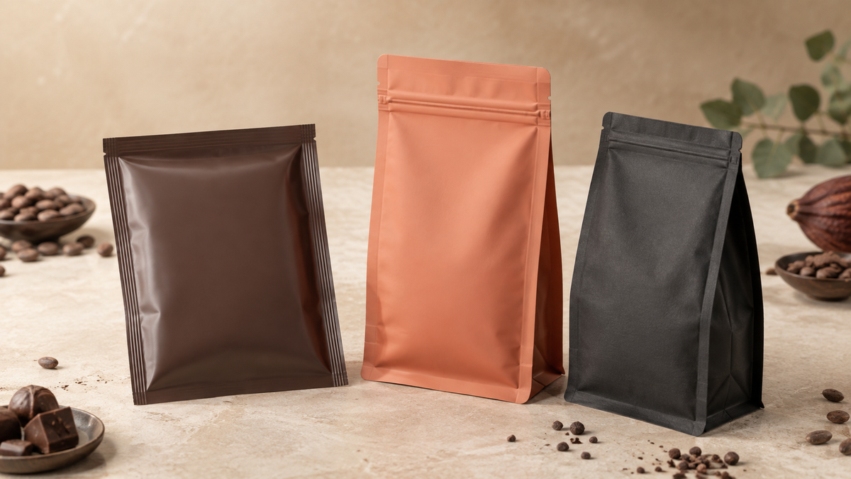 Three unbranded chocolate snack pouch formats arranged for a packaging specification review