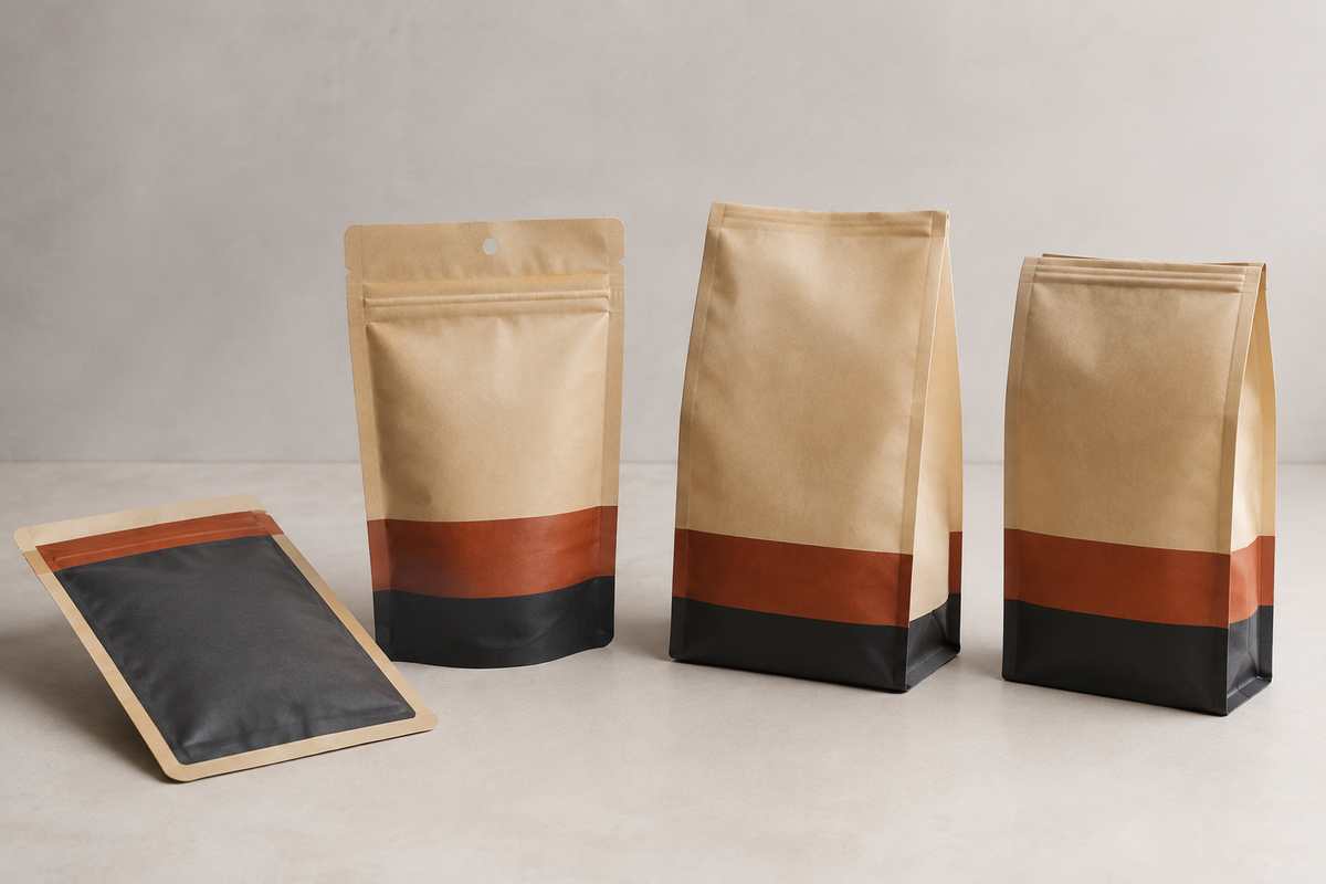 Unbranded flat, stand-up, flat-bottom, and quad-seal pouches arranged as a jerky packaging format family