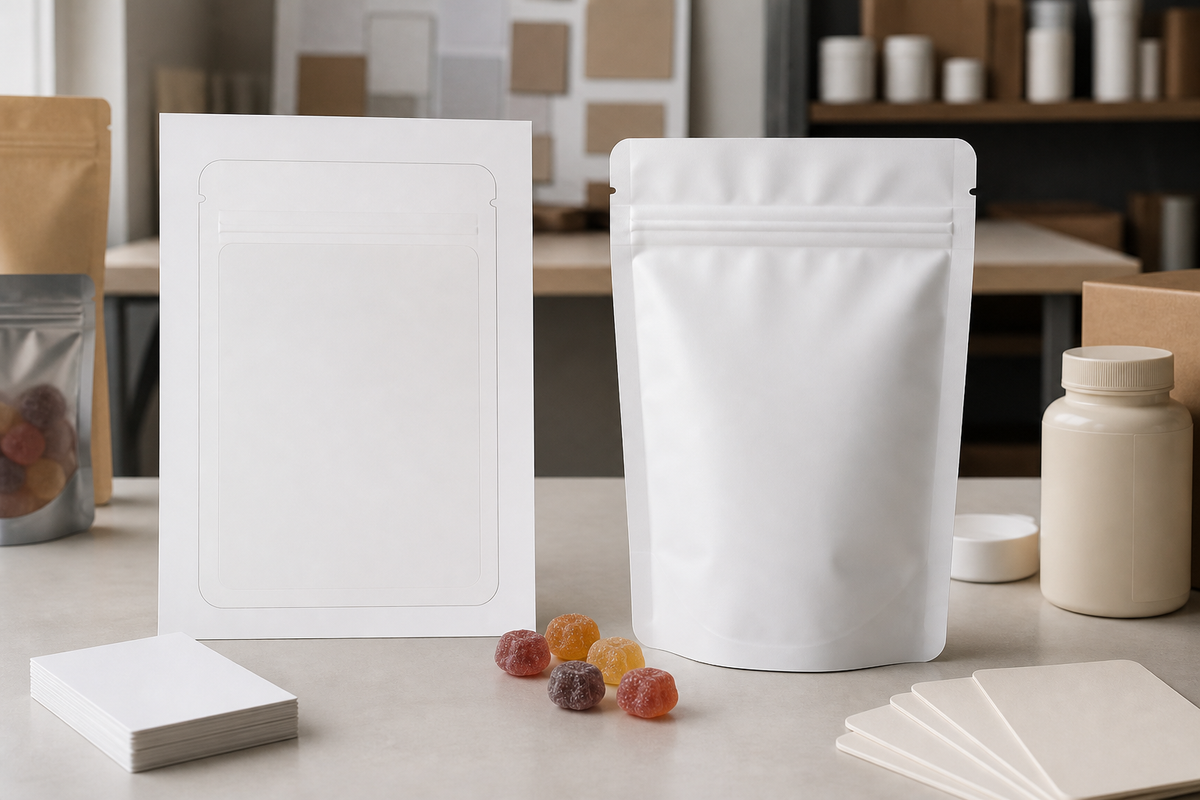 Unbranded flexible pouches beside neutral cut-and-stack and pressure-sensitive label materials for a route comparison