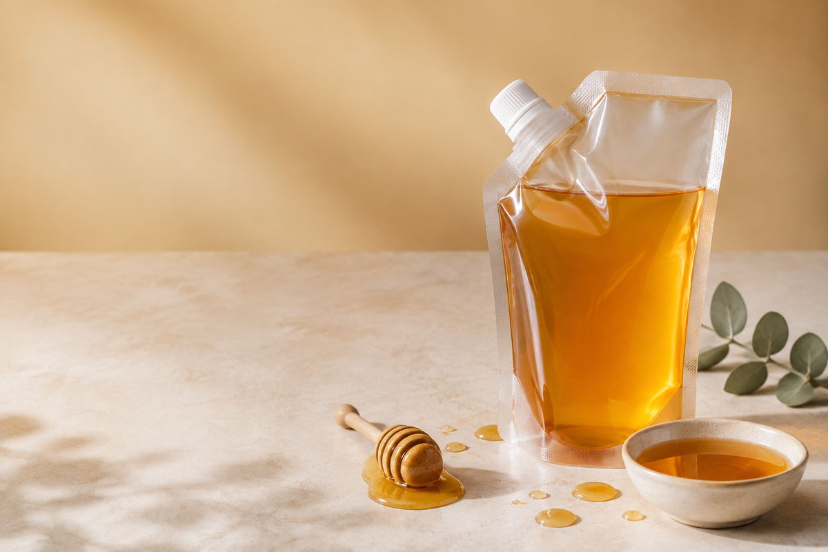 Unbranded flexible spout pouch filled with amber honey or syrup on a warm studio surface