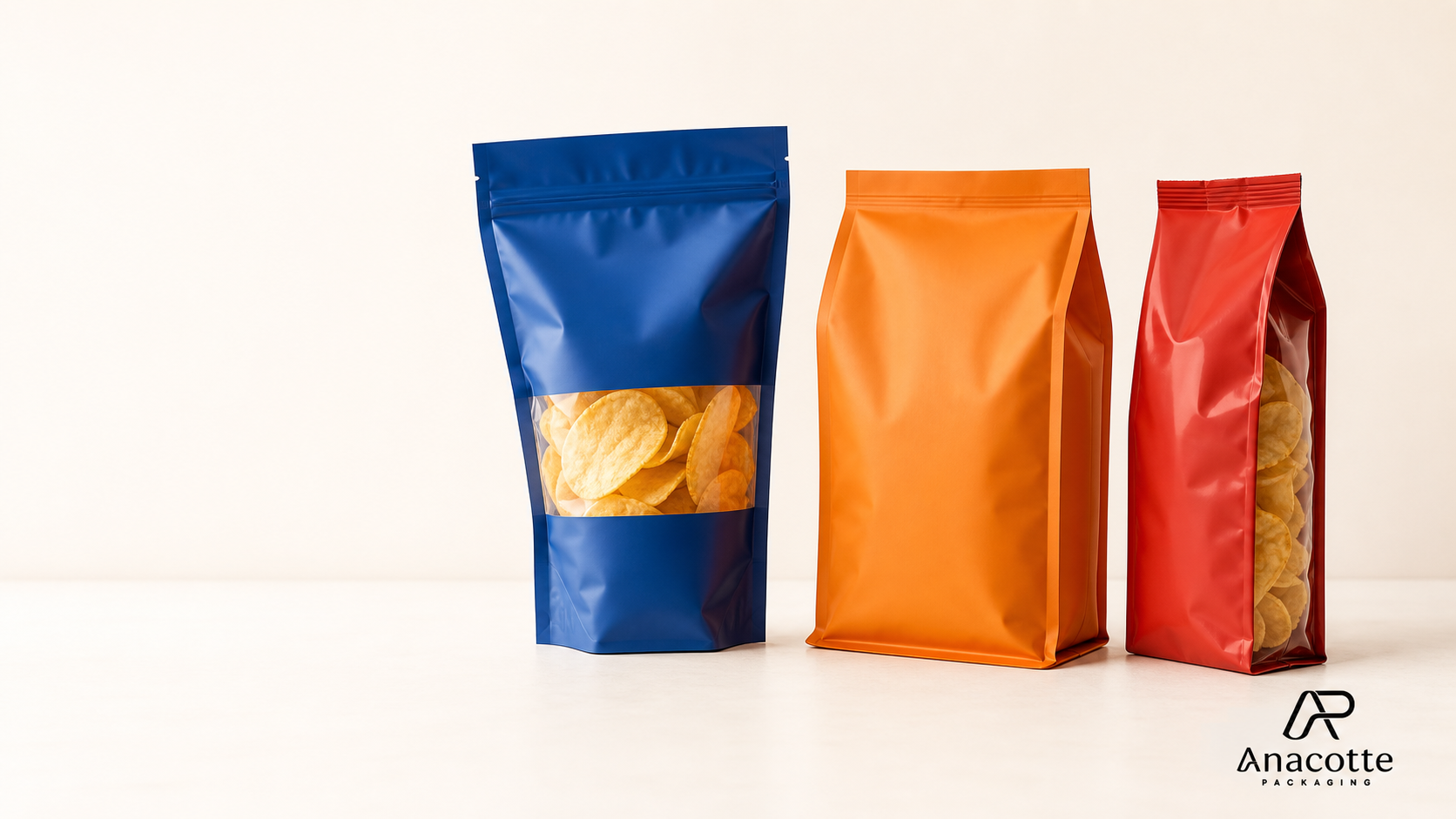 Custom chip packaging comparison: stand up, flat bottom, and side gusset pouches by Anacotte Packaging
