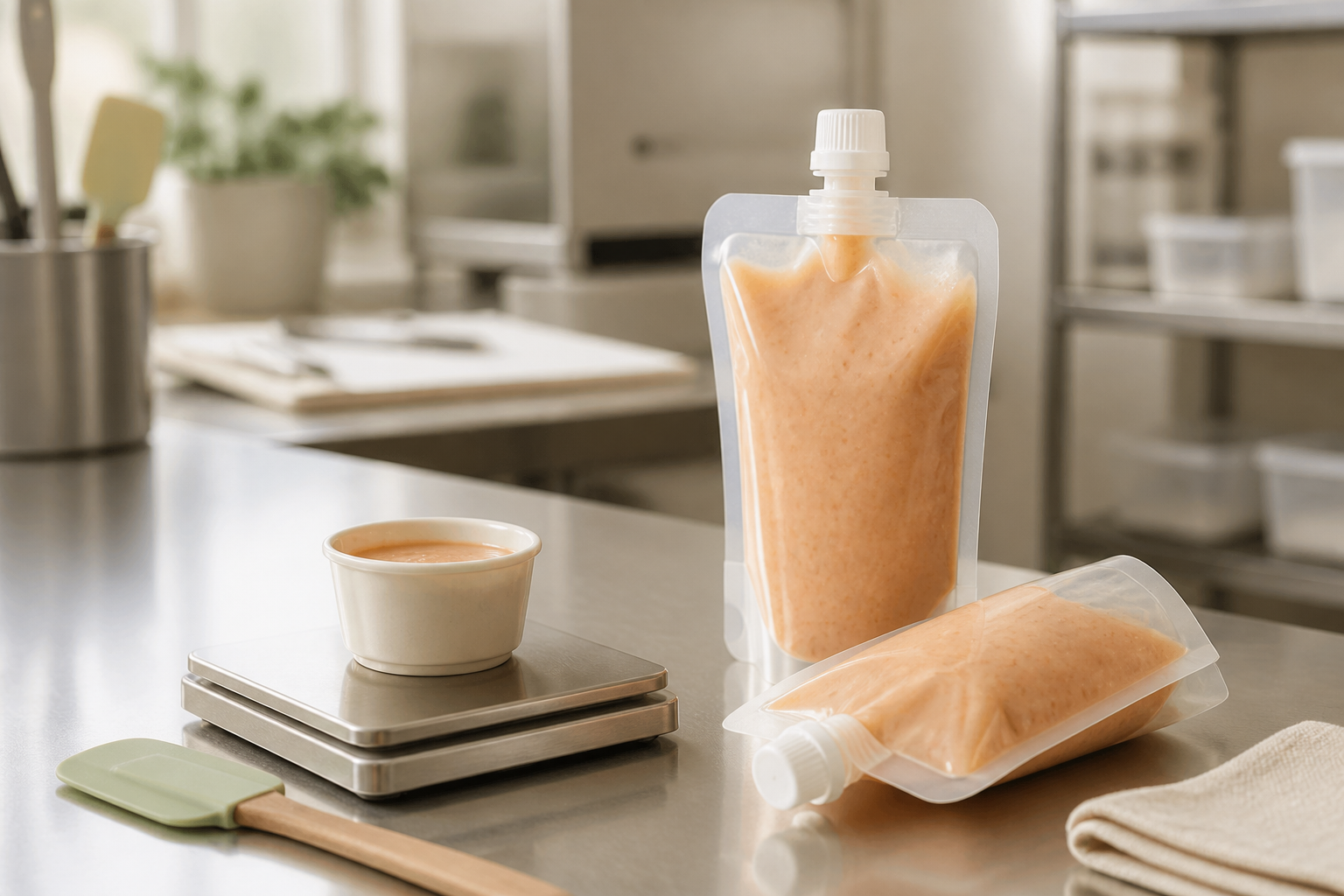 Unbranded baby food spout pouches with puree on a clean packaging development workbench