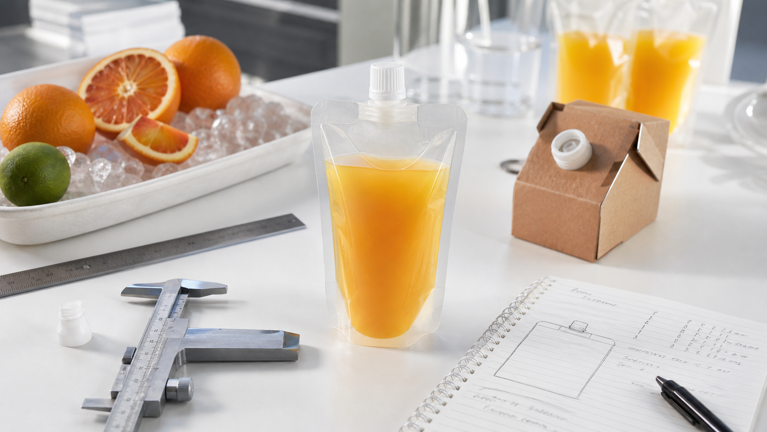 Cold-pressed juice pouch test-fit setup with fill notes and calipers