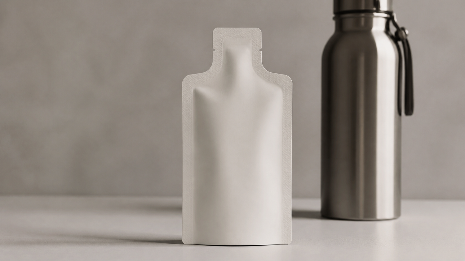 Unbranded single-serve energy gel pouch beside a sports bottle