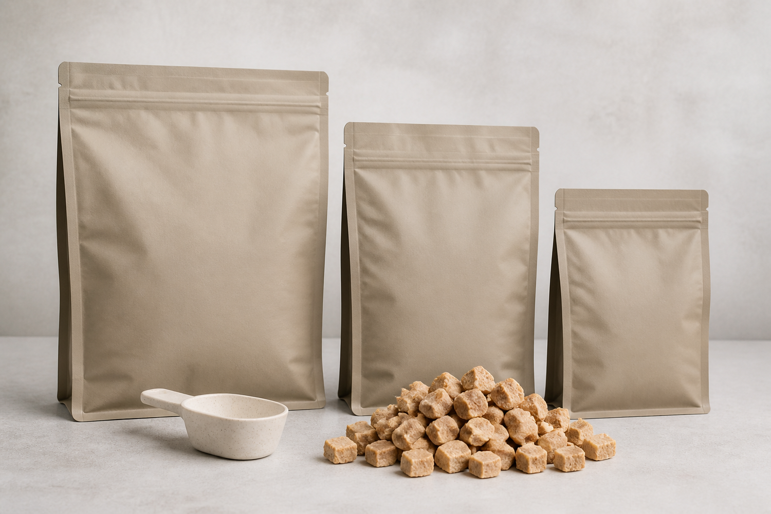 Unbranded flat-bottom dog food pouches beside freeze-dried food pieces