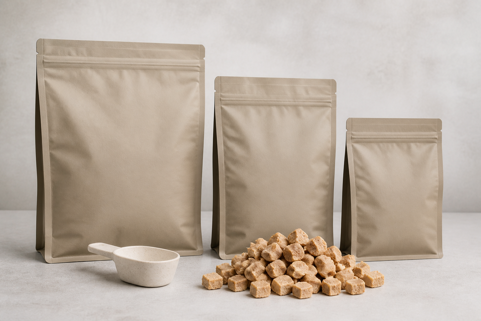 Unbranded flat-bottom dog food pouches beside freeze-dried food pieces