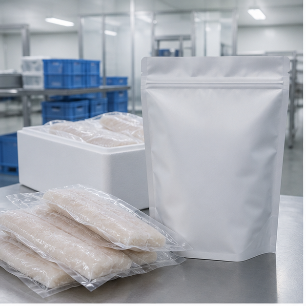 Blank frozen seafood portion pouch in a clean cold-chain packing setting