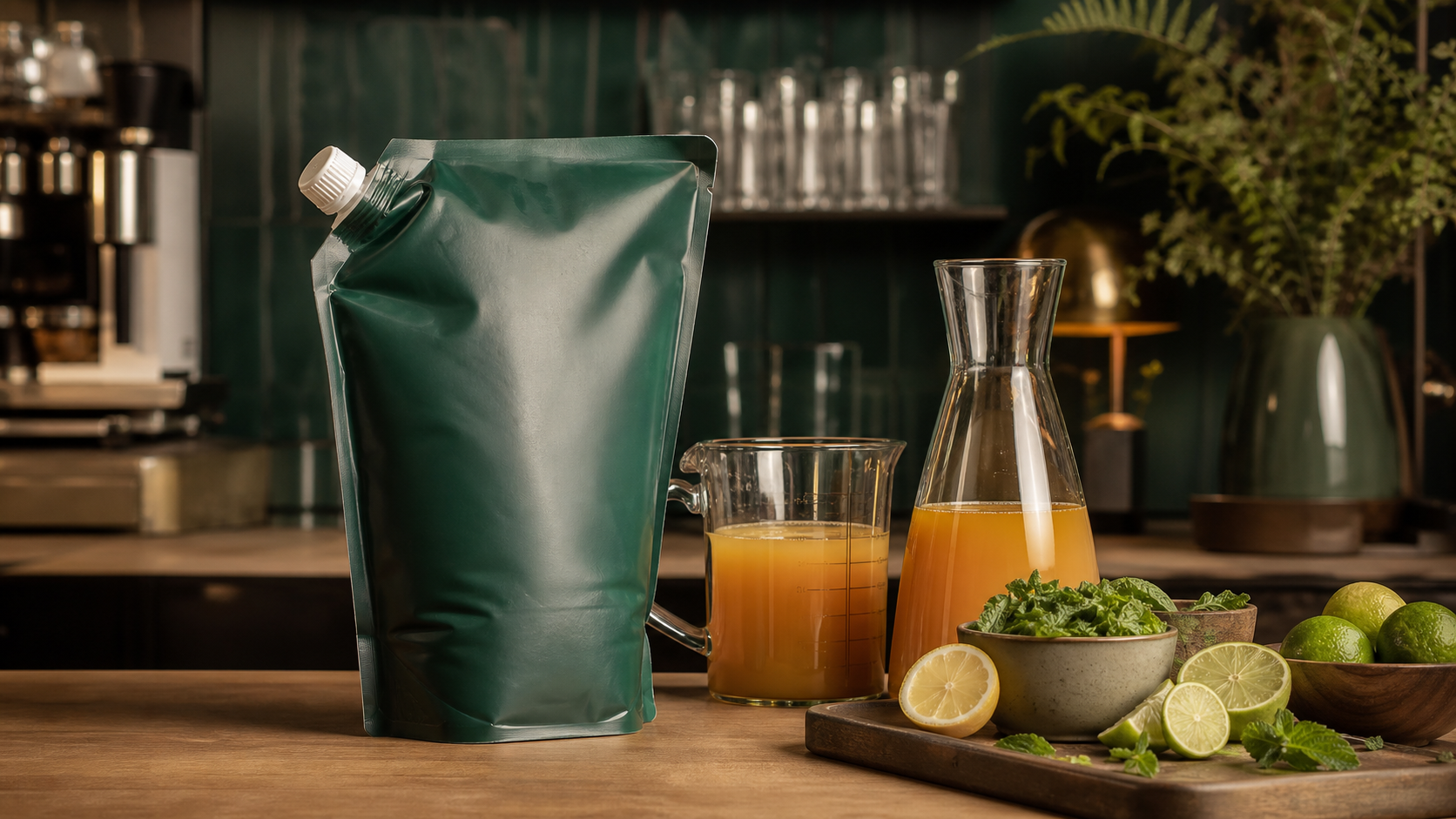 Juice concentrate spout pouch fitment setup for cafe refills