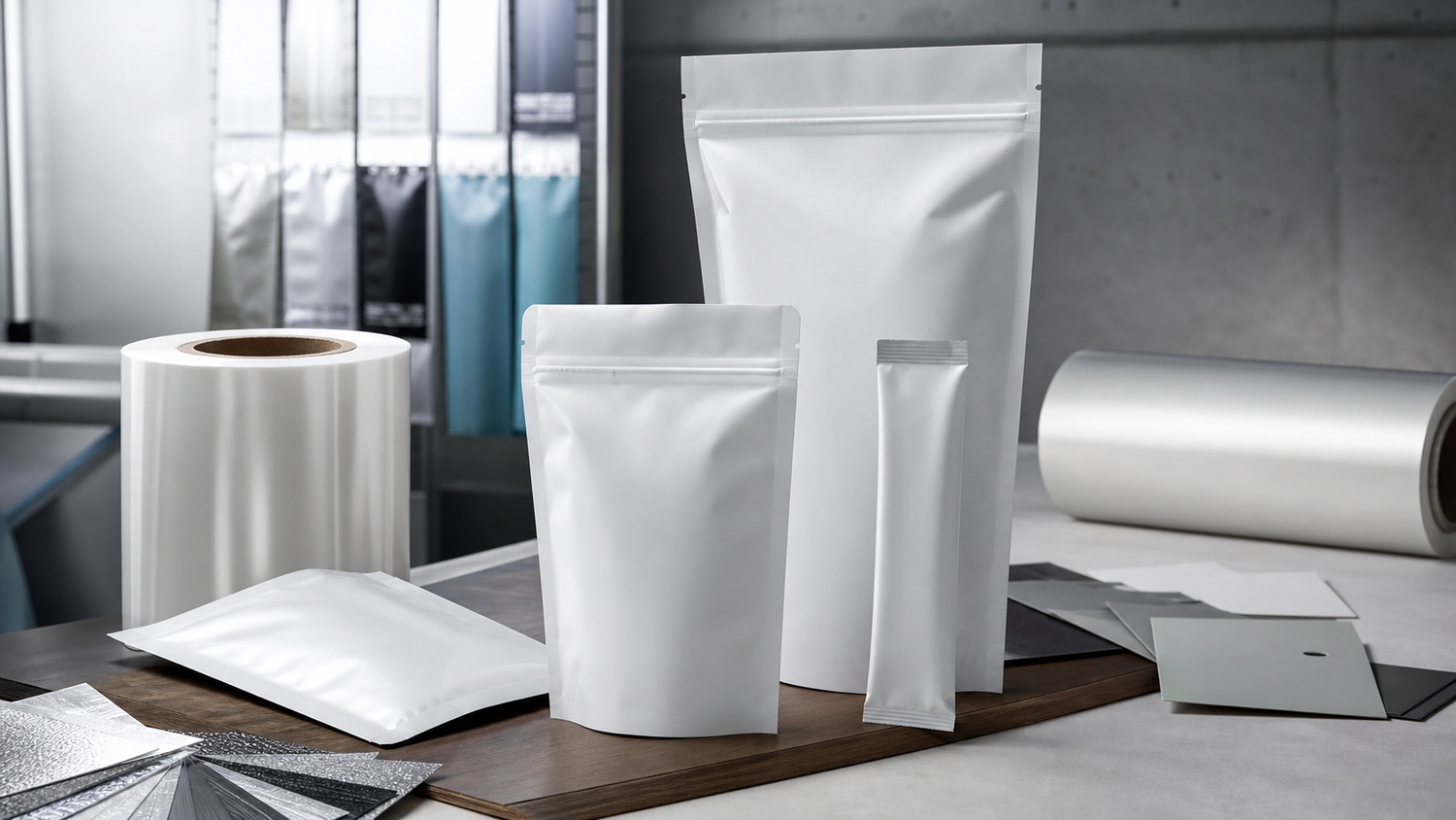 Recyclable flexible packaging pouch samples on a professional packaging design table