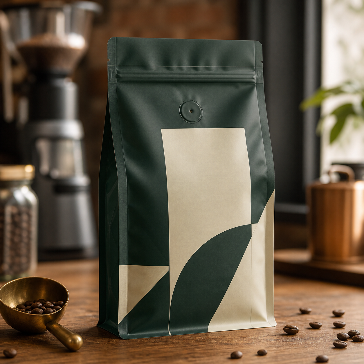 Single-origin coffee bean flat-bottom pouch with valve