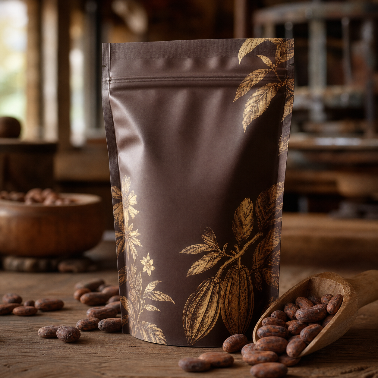 Roasted cacao bean resealable stand-up pouch
