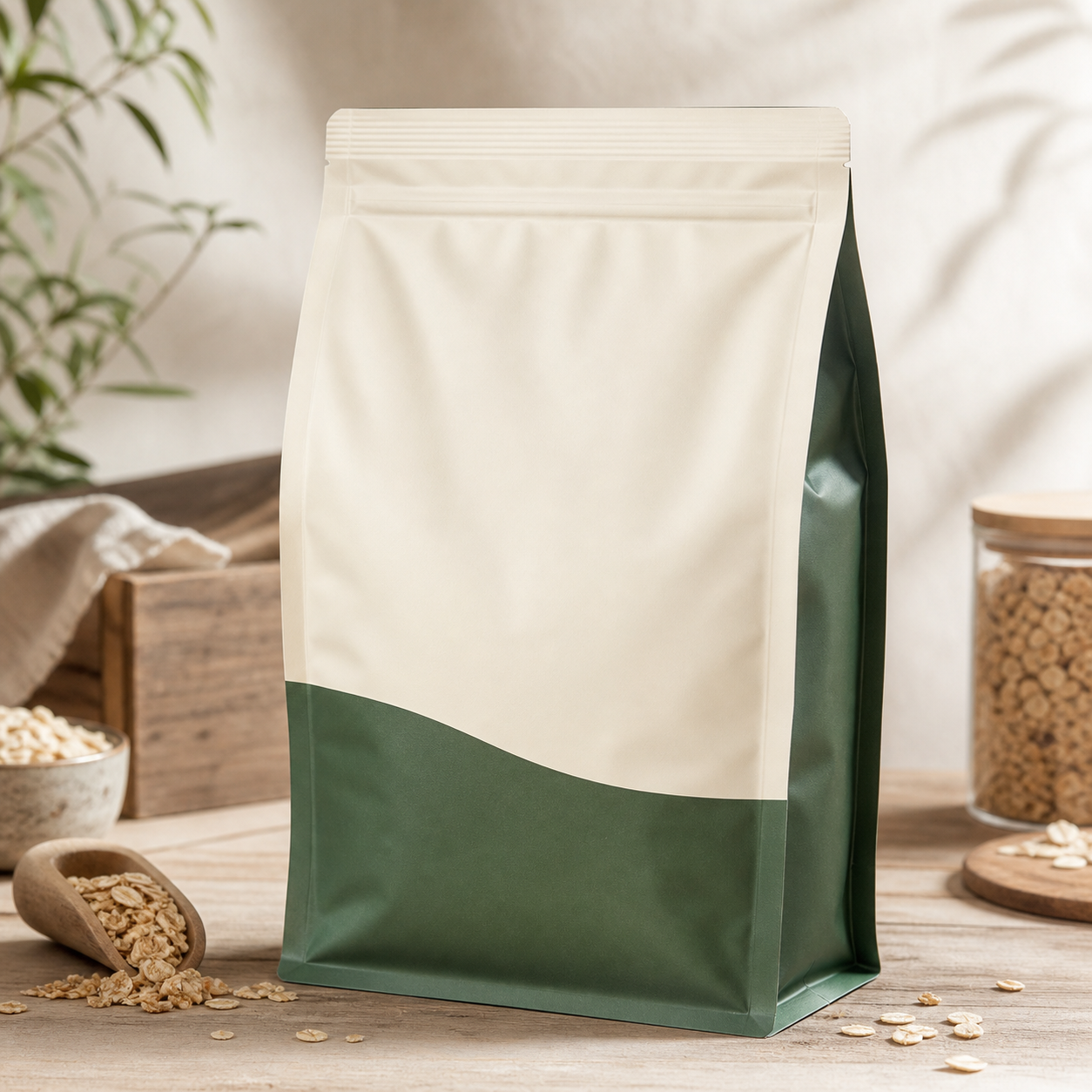 Bulk-bin granola refill side-gusset pouch for natural foods retail