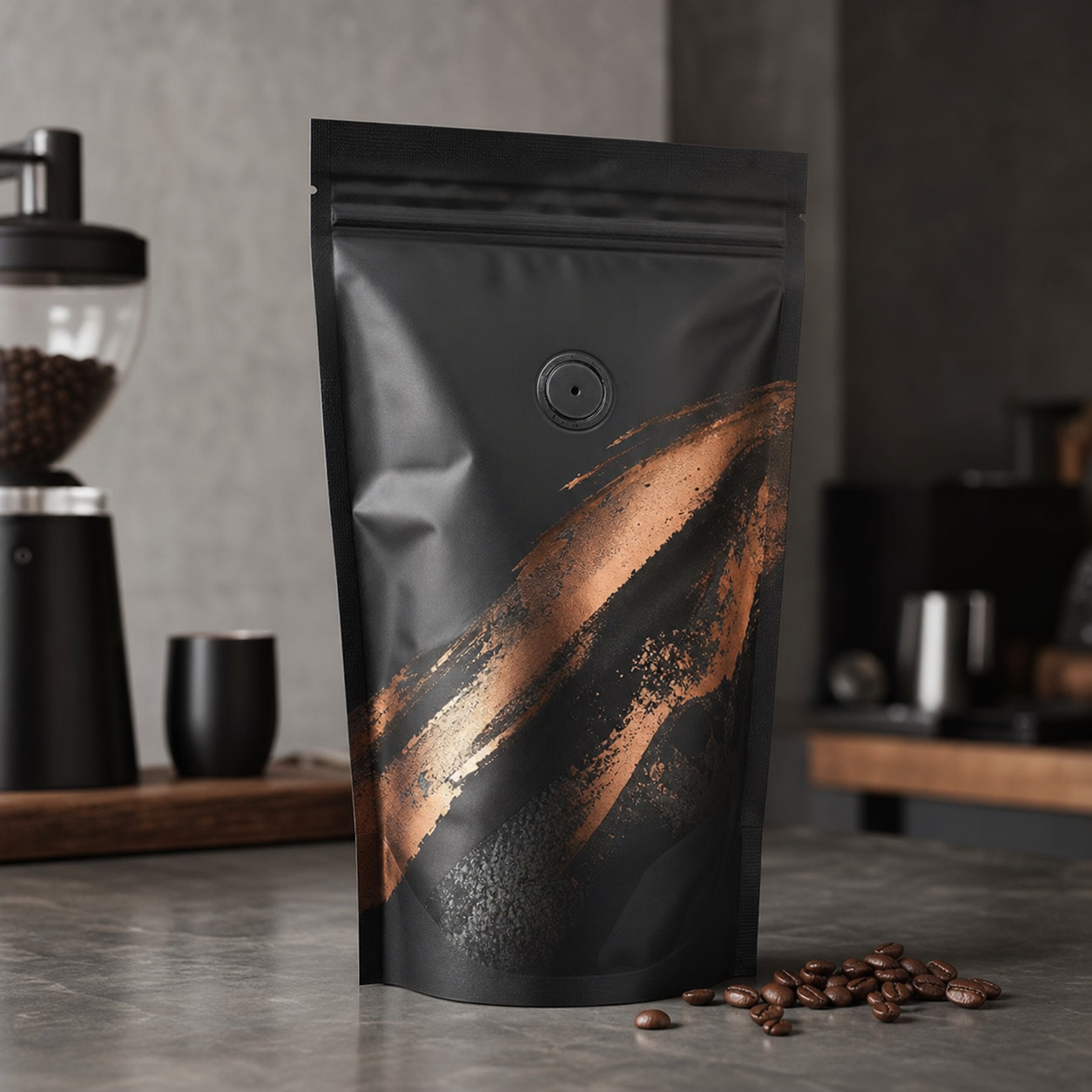 Dark roast coffee valve pouch for cafe refill packaging