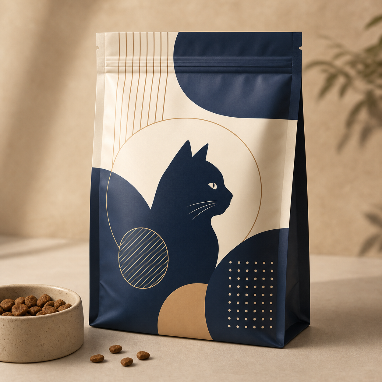 Indoor cat food kibble flat-bottom pouch for portion-control DTC packaging