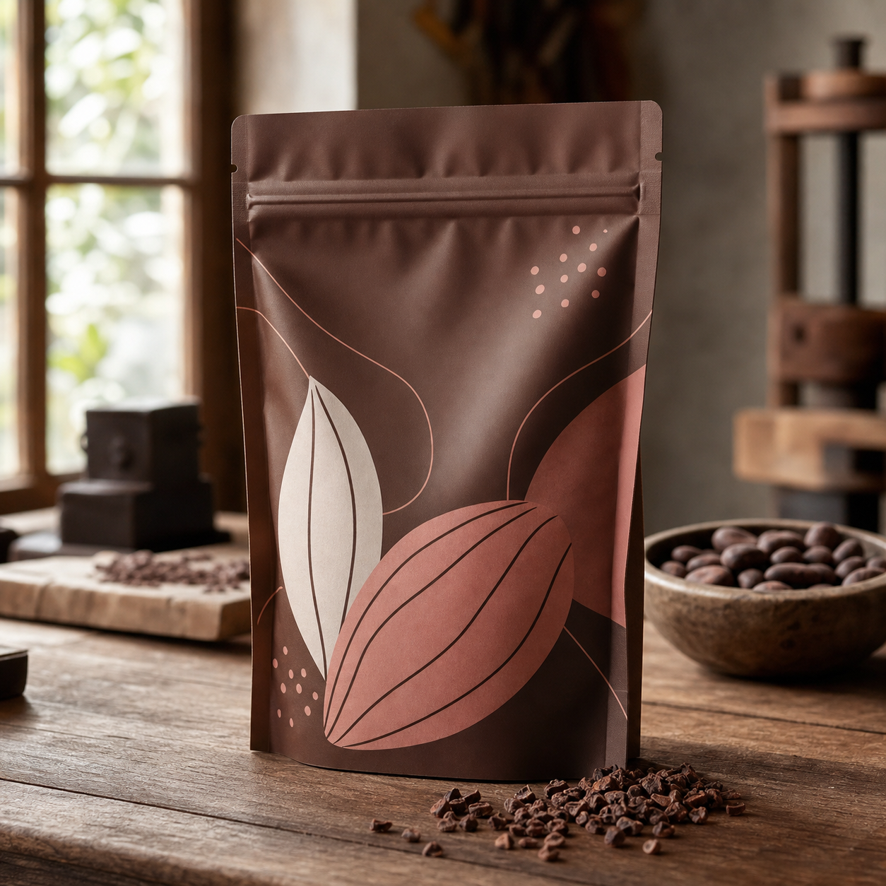 Roasted cacao nib stand-up pouch for a bean-to-bar trial pack